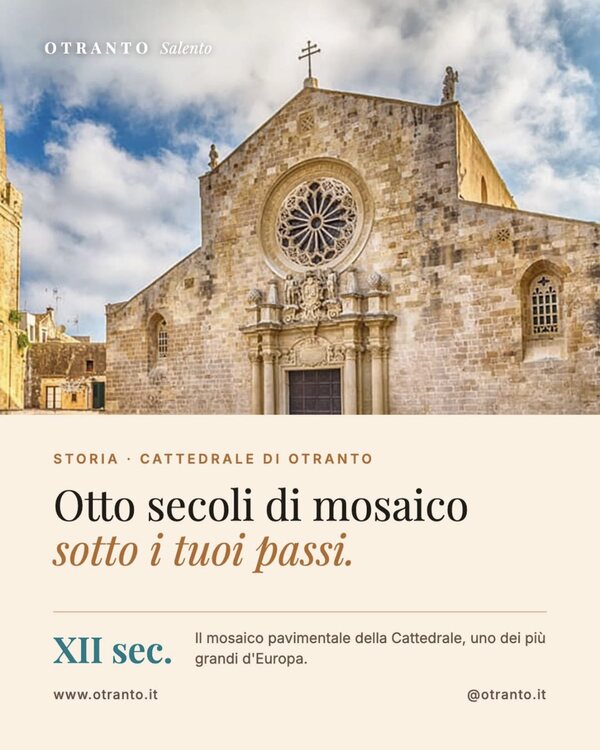 Facciata della Cattedrale di Otranto con rosone: il mosaico pavimentale del XII secolo, uno dei più grandi d'Europa