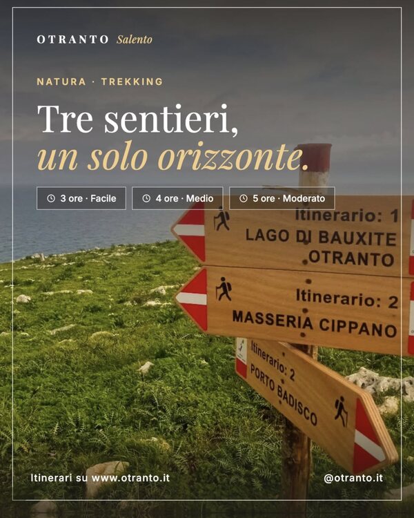 Cartelli dei sentieri di trekking a Otranto verso Lago di Bauxite, Masseria Cippano e Porto Badisco